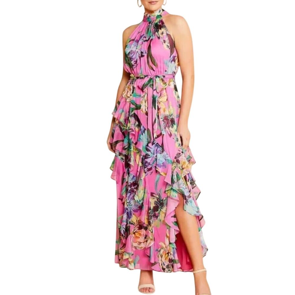 Alex Marie Fiona Halter Neck Tie Back Floral Chiffon A-Line Maxi Dress 14